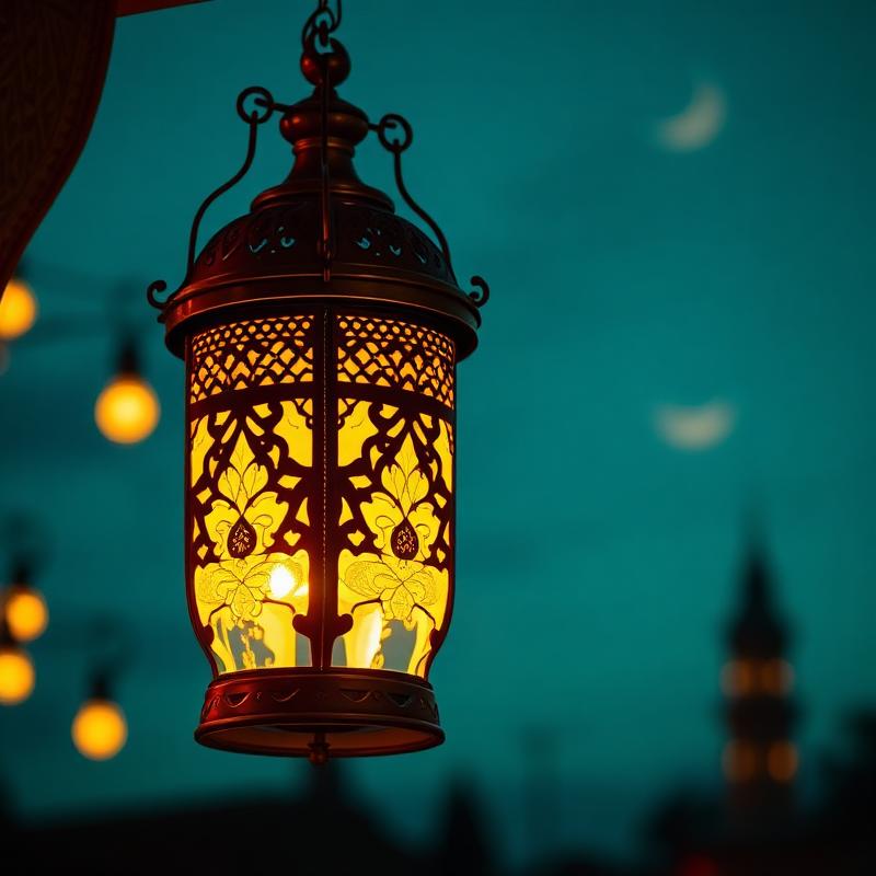 Glowing Islamic lantern at night